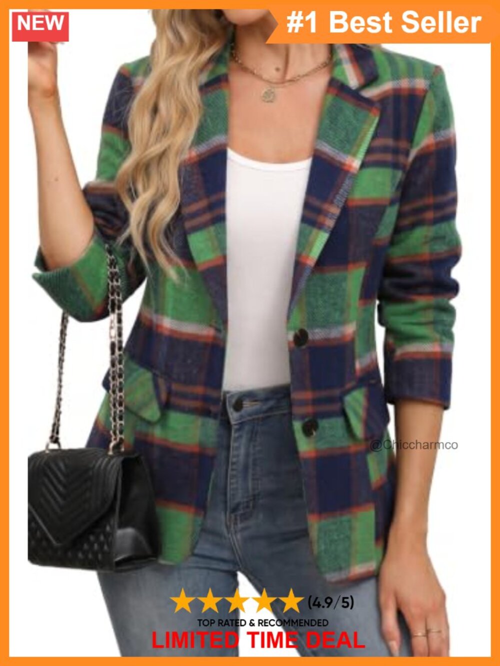 Women's Plaid Blazer Notch Lapel Business Casual Work Jacket Lined